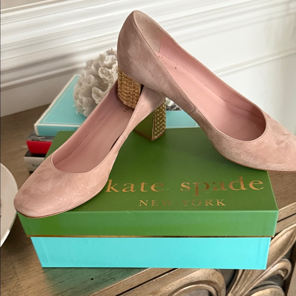 Kate Spade Blush Suede Heels with Gold Block Heel
